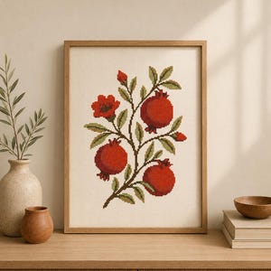 Pomegranate Branch Cross Stitch Pattern, Botanical PDF, Mediterranean Decor