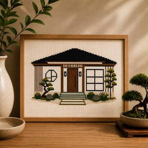 Japanese Courtyard House Cross Stitch Pattern, Japandi Home Decor PDF