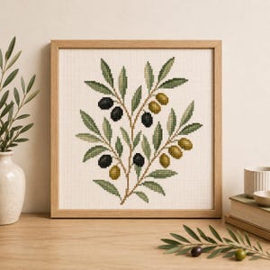 Olive Branch Cross Stitch Pattern PDF, Botanical Embroidery, Mediterranean Kitchen Wall Art, Modern Decor