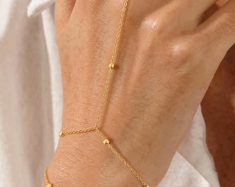 Pulsera de mano dorada con cadena, delicada pulsera-anillo con cuentas
