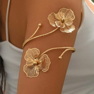 Gold Floral Arm Cuff Bracelet: Botanical Statement Jewelry, Boho Style