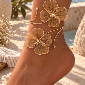 Goldfarbene Blumen Fußkette Offenes Wickeldesign Floraler Strandschmuck