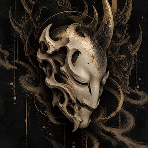 May include: A stylised mask featuring a weathered, off-white finish with gold-leaf accents. The mask has a singular curved horn, intricate cut-out details along the side, and closed, almond-shaped eyes, set against a dark, textured background.