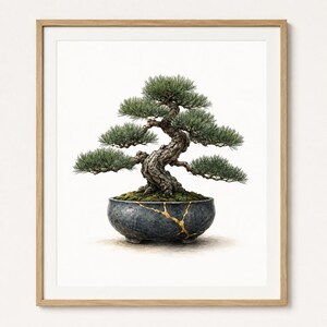 May include: A framed wall art print featuring a detailed illustration of a green bonsai tree with a textured, gnarled trunk. The tree is planted in a dark, mottled gray ceramic pot that displays gold-colored cracks across its surface.