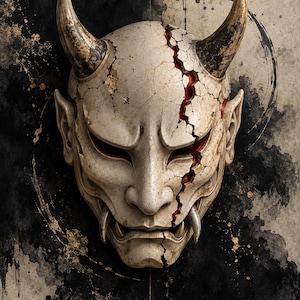 May include: A cream-coloured Hannya mask featuring two dark, curved horns and a prominent vertical crack running down the right side, revealing a deep red interior. The mask displays intricate surface texturing and weathered, aged details.