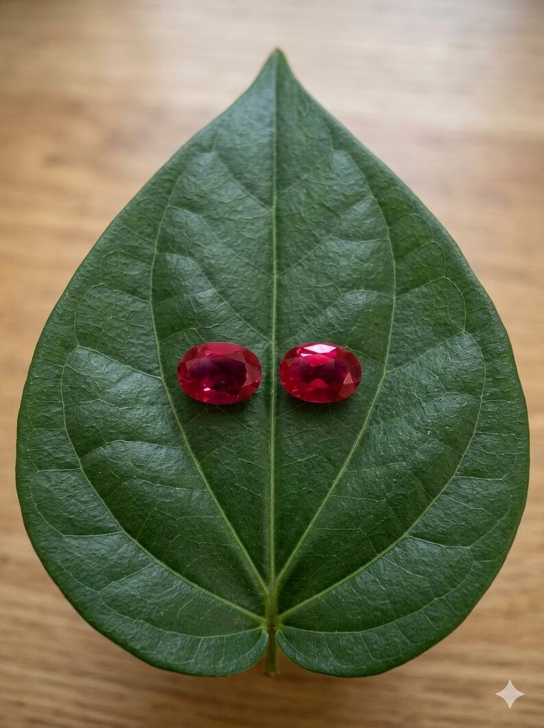 May include: Two oval-cut, vibrant red gemstones with faceted surfaces are positioned side-by-side on a large, dark green, heart-shaped leaf with visible veins, showcasing a deep crimson color and reflective clarity.
