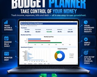 Może przedstawiać: Cyfrowy planer budżetu wyświetlony na ekranie laptopa, zawierający pulpit nawigacyjny finansów osobistych z wykresami i danymi. Tekst zawiera BUDGET PLANNER, TAKE CONTROL OF YOUR MONEY oraz ikony do śledzenia dochodów, wydatków i długów.