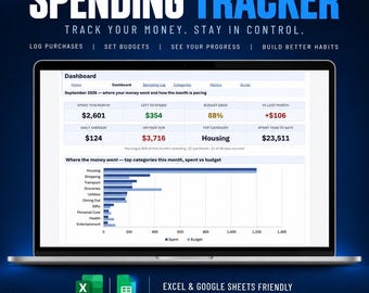Spending Tracker Spreadsheet, Monthly Budget Tracker & Spending Log, Automatic Budget Spreadsheet Template, Excel and Google Sheets