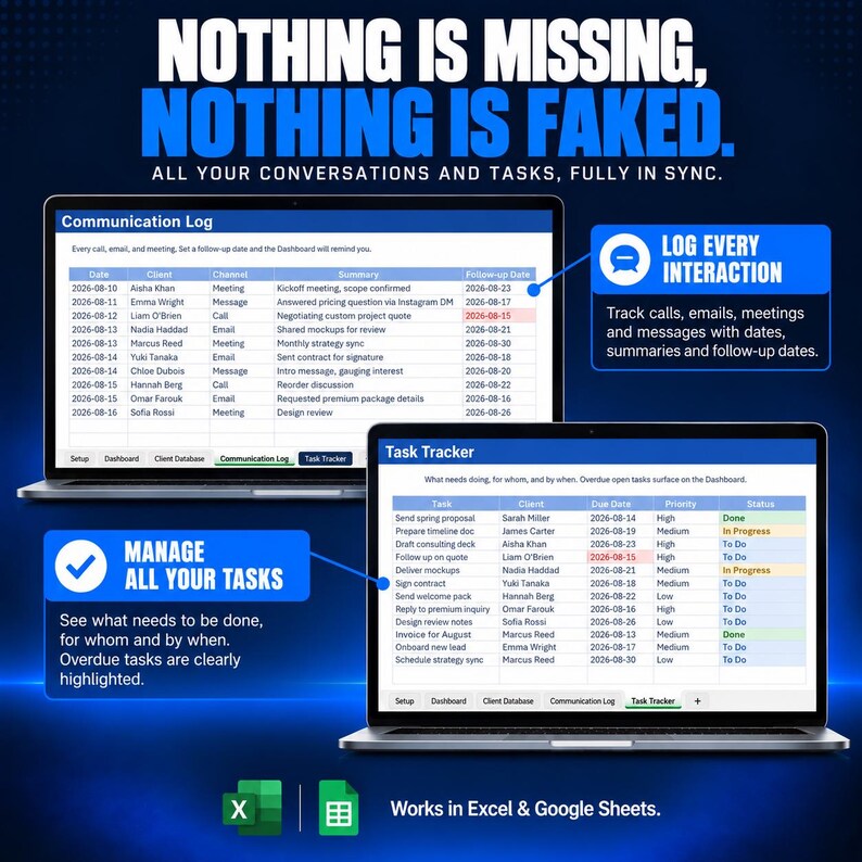 Może przedstawiać: Dwa ekrany laptop&oacute;w wyświetlające cyfrowe arkusze kalkulacyjne o nazwach Communication Log i Task Tracker. Tekst brzmi NOTHING IS MISSING, NOTHING IS FAKED. ALL YOUR CONVERSATIONS AND TASKS, FULLY IN SYNC. Zawiera ikony Excel i Google Sheets.