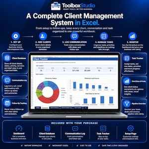 Peut inclure: Un écran d'ordinateur portable affichant un système de gestion de clientèle ToolboxStudio sur Excel. L'interface présente un tableau de bord avec un graphique en secteurs, des histogrammes et des indicateurs clés. Des icônes et du texte détaillent les fonctionnalités comme la base de données clients, le suivi des tâches et les journaux de communication.