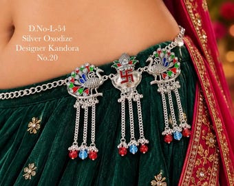 Indiskt midjebälte Kamarbandh, silveroxiderat sari-bälte, påfågelmeenakari-magkedja, traditionellt Kandora-höftbälte, present till henne