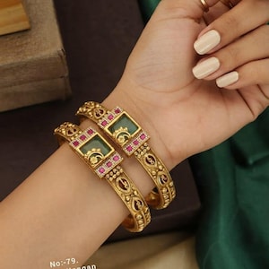 Indian Antique Gold Bangles Pair, Temple Jewelry Kangan, Ruby Green Stone Openable Kada, Bridal Wedding Bracelet Set, Festive Gift for Her