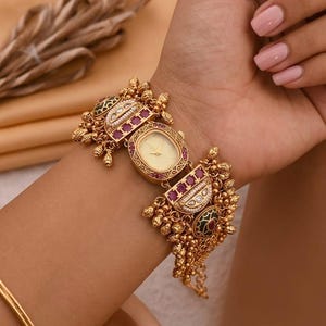 Reloj de pulsera Kashmiri Kundan, joyería nupcial étnica india dorada.