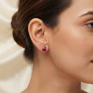 Small Ruby Stud Earrings, Gold Teardrop Tops, Minimalist Red Stone Jewelry, Everyday Minimalist Style, Girlfriend Birthday Gift