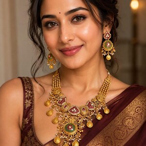 Indian Heritage Choker Necklace Set, Matte Gold Green Ruby Gems Earrings