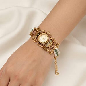 Indian Heritage Statement Watch Antique Gold Pearl Beaded Bridal Bracelet Watch