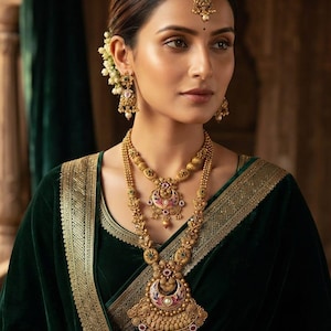 May include: A gold jewelry set featuring a multi-layered necklace with crescent-shaped pendants, matching drop earrings, and a maang tikka. The pieces are adorned with intricate metalwork, small white pearls, and pink and green enamel accents.
