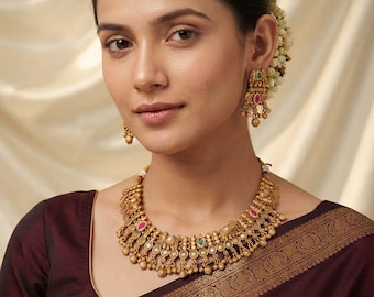 Antique Gold Polki Choker Set • Royal Elephant Temple Jewelry • Emerald Pink Indian Choker Set • Premium Imitation Jewelry for Women