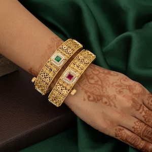 Antique Gold Indian Bangle Set, Ruby Emerald Openable Kada Pair for Bride
