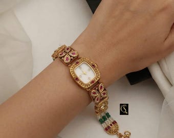 Handcrafted Traditional Indian Heritage Bracelet Watch - Gold Plated Ethnic Wristwatch