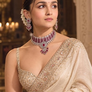 May include: A jewelry set consisting of a choker necklace, matching drop earrings, and a maang tikka. The pieces feature deep pink stones set in silver-toned metal with intricate white stone accents and a floral-inspired pendant design.