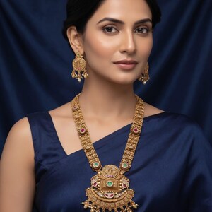 South Indian Temple Haram Set, Matte Gold Indian Necklace Set, Statement Bridal Jewelry for Women, Indian Long Necklace Gift for Her
