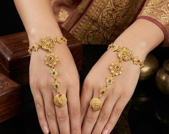 Rajwadi Matte Gold Haath Phool / Hath Panja Set,  bracelet with ring chain