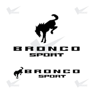 May include: A black graphic design featuring a silhouette of a bucking horse above the text BRONCO SPORT in a bold, sans-serif font. The design is repeated twice, once with the horse icon centered above the text and once with the icon to the left.