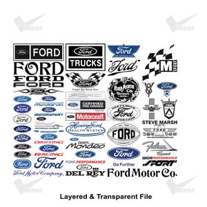 May include: A collection of black, white, and blue Ford brand logos, emblems, and text graphics arranged in a grid. The sheet includes various Ford Motor Company designs, racing insignias, and dealership branding, all presented as a digital file.