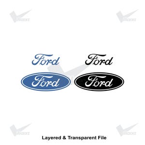May include: A digital graphic file featuring four variations of the Ford logo. Two logos are in blue and two are in black. Each set includes one standalone script text logo and one logo enclosed within a classic oval border. The text reads Layered & Transparent File.