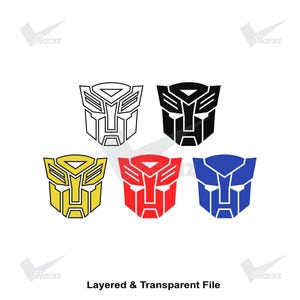 May include: A collection of five Autobot logos arranged in two rows. The top row features one white outline logo and one solid black logo. The bottom row displays three solid logos in yellow, red, and blue. The text Layered & Transparent File is at the bottom.