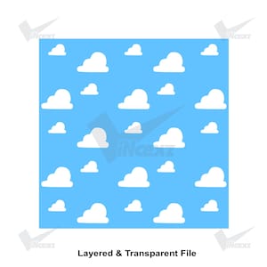 May include: A square digital graphic featuring a repeating pattern of white, stylized, rounded clouds set against a solid light blue background. The image includes a semi-transparent watermark logo and the text Layered & Transparent File.