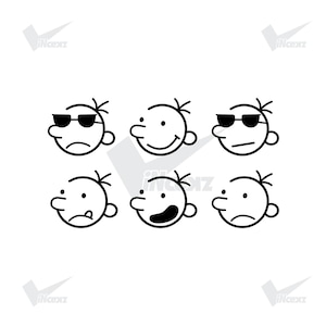 May include: A collection of six black and white line art illustrations featuring the head of a cartoon character with various facial expressions, including wearing sunglasses, smiling, looking neutral, sticking out a tongue, and appearing surprised.
