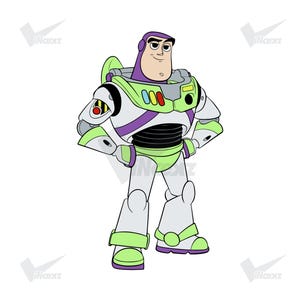 May include: A cartoon character wearing a white, green, and purple space suit with a clear helmet hood, a chest panel featuring red, blue, and yellow buttons, and black jointed sections at the waist, standing with hands on hips.