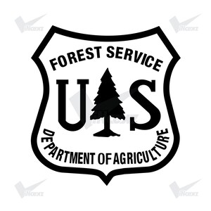 May include: A black and white shield-shaped emblem featuring the text FOREST SERVICE at the top and DEPARTMENT OF AGRICULTURE at the bottom. In the center, the letters U and S are separated by a black silhouette of a coniferous tree.