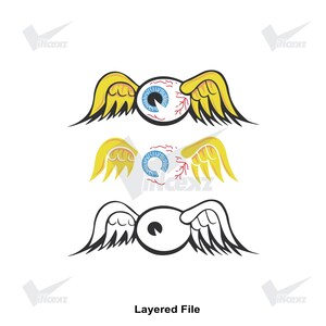 May include: A graphic illustration featuring three variations of a winged eyeball. The top version is full color with a blue iris and red veins. The middle version shows a simplified color palette. The bottom version is a black and white line drawing.