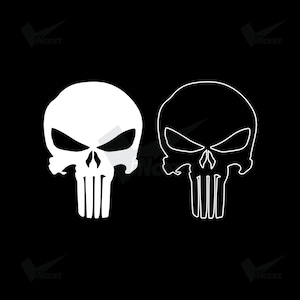 May include: A graphic design featuring two stylized skull icons against a black background. The left skull is a solid white silhouette, while the right skull is depicted as a white line art outline. Both skulls feature sharp, angular eye sockets and a vertical nose.