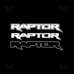 May include: Three white vinyl decals featuring the word RAPTOR in a stylized, bold, angular font. The top and bottom decals are outlined in white, while the middle decal is a solid white graphic. All elements are set against a solid black background.