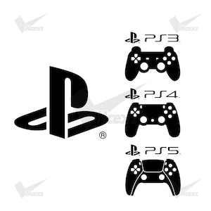 May include: A black graphic featuring the PlayStation logo on the left. On the right, three rows display the PlayStation logo followed by the text PS3, PS4, and PS5, each accompanied by a corresponding black silhouette of its game controller.