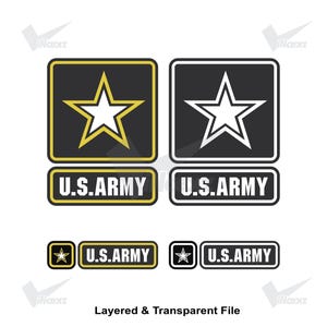 May include: Two sets of U.S. Army logo graphics featuring a square icon with a star and a rectangular label with the text U.S. ARMY. One set is outlined in gold and the other in white, both displayed in large and small versions on a white background.