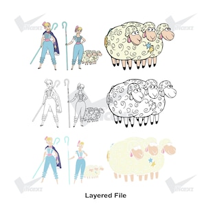 Può includere: Un set di illustrazioni digitali raffigurante un personaggio con capelli biondi in un completo blu, un bastone da pastore e un gruppo di tre pecore con lana riccia. Il set include versioni a colori, al tratto e in colori chiari.