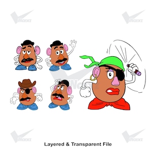 May include: A collection of five cartoon potato characters with various accessories including a black hat, a brown cowboy hat, a green bandana, an eye patch, a gold hoop earring, and blue shoes, with the text Layered & Transparent File below.