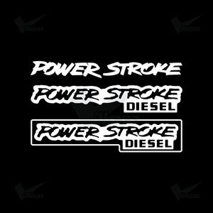 Könnte beinhalten: Drei weiße Vinyl-Aufkleber auf schwarzem Hintergrund. Der oberste Aufkleber zeigt den Schriftzug POWER STROKE. Der mittlere Aufkleber zeigt POWER STROKE DIESEL. Der untere Aufkleber ist rechteckig umrandet und zeigt ebenfalls POWER STROKE DIESEL.