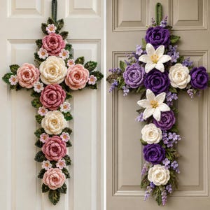 May include: Two cross-shaped wall hangings made of crocheted flowers and leaves. The left cross features pink and cream roses with small pink blossoms. The right cross features purple and white roses, white lilies, and small purple flowers.