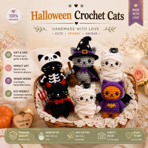 Patrón de gato de ganchillo de Halloween en PDF, patrón de gatito espeluznante amigurumi, bruja esqueleto momia diablo murciélago