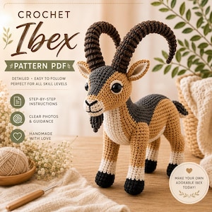 Può includere: Un giocattolo a forma di stambecco all'uncinetto con grandi corna ricurve marrone scuro, corpo color cuoio, segni grigio scuro sulla schiena e sulla testa, e zoccoli neri. Il testo recita: CROCHET Ibex PATTERN PDF, DETAILED EASY TO FOLLOW, STEP-BY-STEP INSTRUCTIONS.