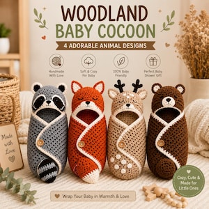 Op de afbeelding: Vier gehaakte baby-cocons met diermotieven: een grijze wasbeer, een oranje vos, een beige hert en een bruine beer. Elke cocon heeft een capuchon, een houten knoopsluiting en een staart of stippen. Tekst: WOODLAND BABY COCOON en 4 ADORABLE ANIMAL DESIGNS.
