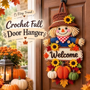 May include: A crochet scarecrow door hanger featuring a brown hat with a sunflower, a blue shirt, a red and white checkered scarf, and a sign that reads Welcome. The decoration is adorned with crocheted sunflowers, autumn leaves, and pumpkins.