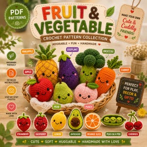 May include: A collection of crochet patterns featuring a basket filled with plush fruits and vegetables including a pineapple, eggplant, broccoli, carrot, apple, pear, and peach, with additional individual crochet items like a strawberry, raspberry, lemon, avocado, orange slice, peas in a pod, and cherries.
