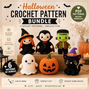 Halloween Crochet Pattern Bundle PDF, Witch Vampire Ghost Pumpkin Cat Frankenstein, Spooky Crochet Patterns